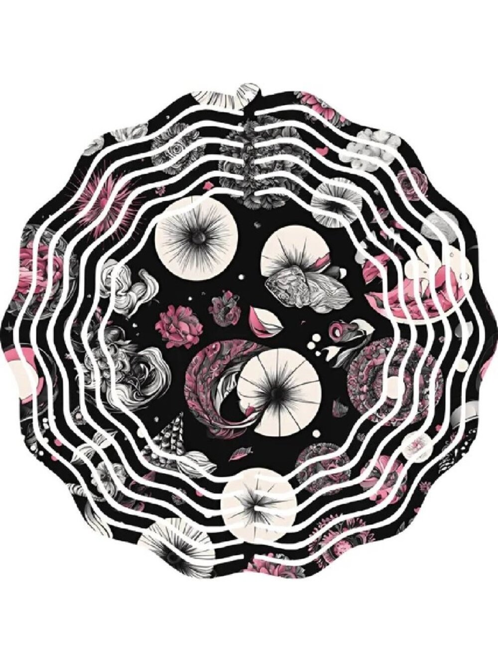 3D Wind Spinner Metal 10" Round Abstract Pink White Black Hanging Yard Art Décor